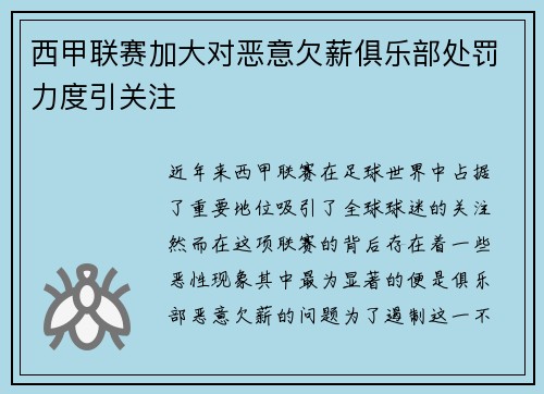 西甲联赛加大对恶意欠薪俱乐部处罚力度引关注