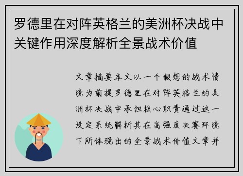 罗德里在对阵英格兰的美洲杯决战中关键作用深度解析全景战术价值
